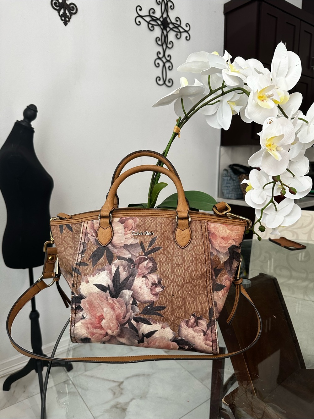 Calvin Klein Floral Monogram Satchel Bag in Brown